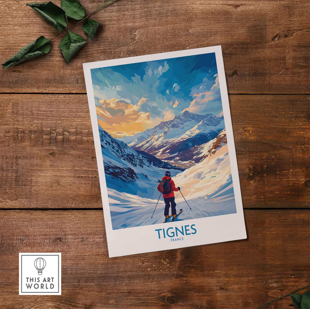 Tignes ski poster wall art featuring a skier on snowy mountains, perfect decor for ski enthusiasts and winter sports lovers.