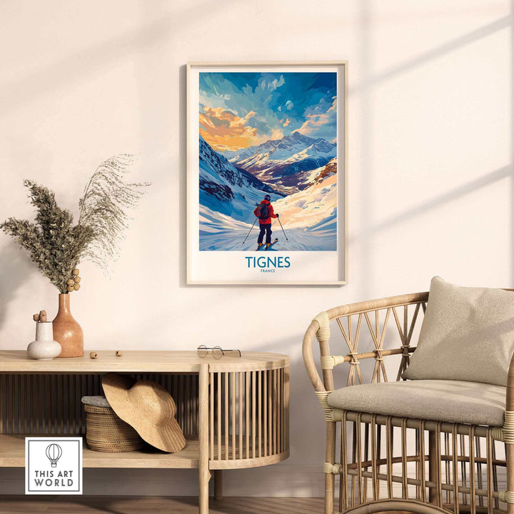 Tignes ski poster wall art displayed in cozy living room with wooden furniture and decorative plants.