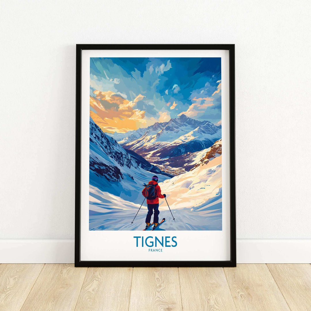 Tignes Wall Art featuring a vibrant ski poster with a skier in the French Alps, perfect for winter sports enthusiasts.