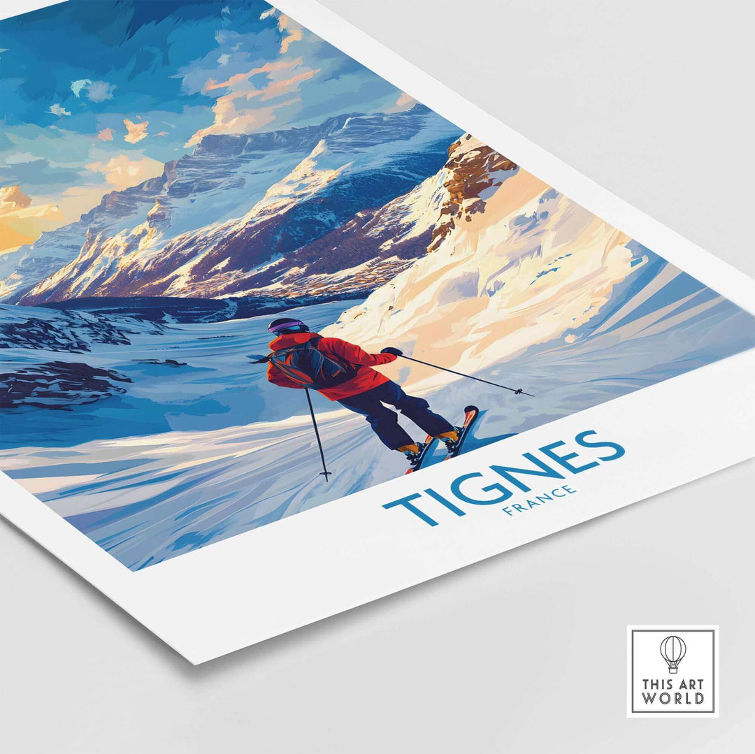 Ski Poster of Tignes, France with skier on snowy slope and mountain scenery, perfect wall art for winter sports enthusiasts.