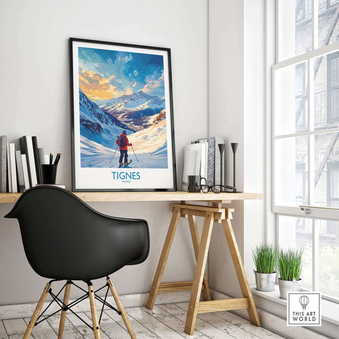 Tignes wall art poster featuring a skier, displayed on a desk in a modern room setting. Ski poster decor for home or office.