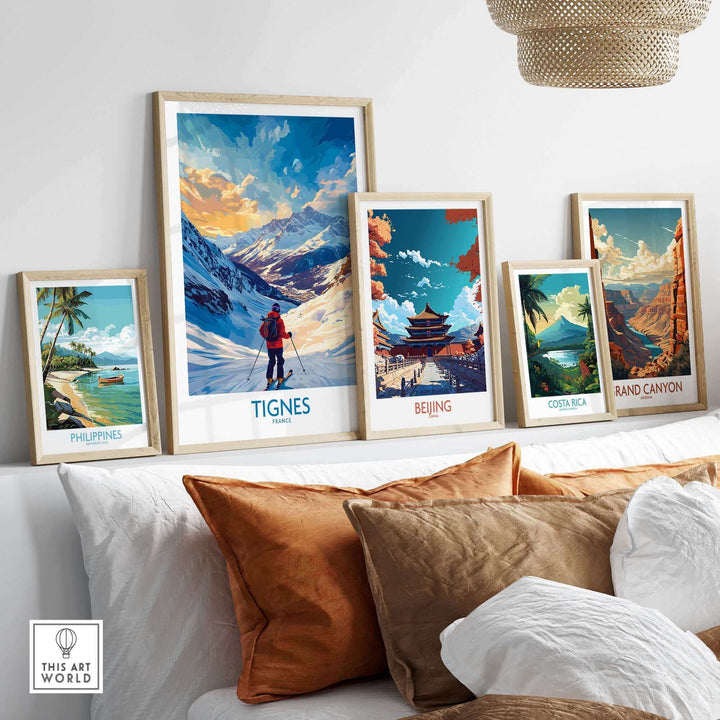 Tignes wall art ski poster displayed with travel-themed prints in modern living room setting.