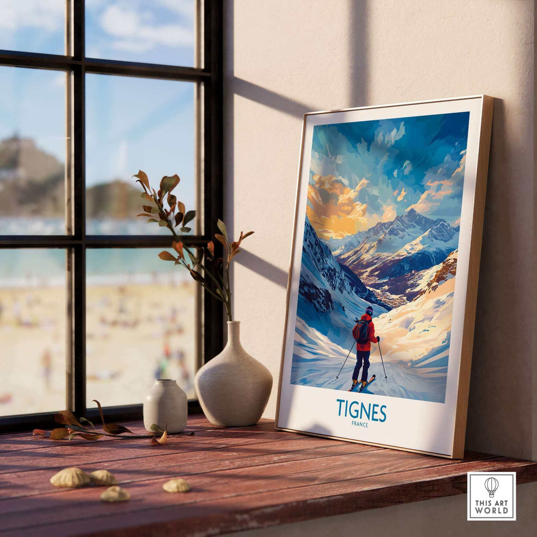 Tignes wall art featuring a ski poster with a vivid mountain scene, perfect for winter sports enthusiasts and art lovers.