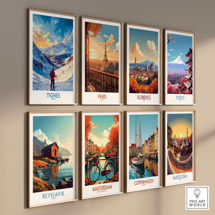 Tignes ski poster wall art among global city scenes including Paris, Florence, and Tokyo prints in a stylish gallery display.