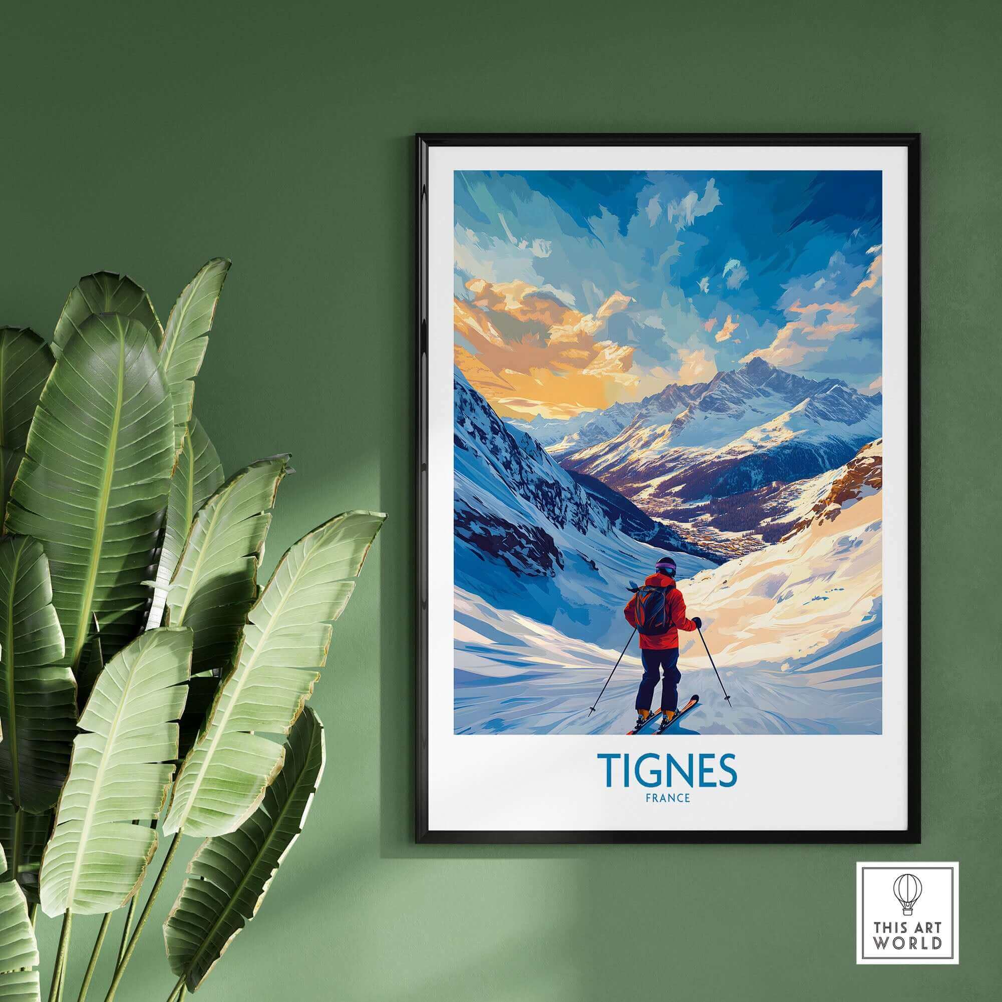 Tignes wall art depicting a skier in vibrant winter landscape, perfect ski poster for home decor.