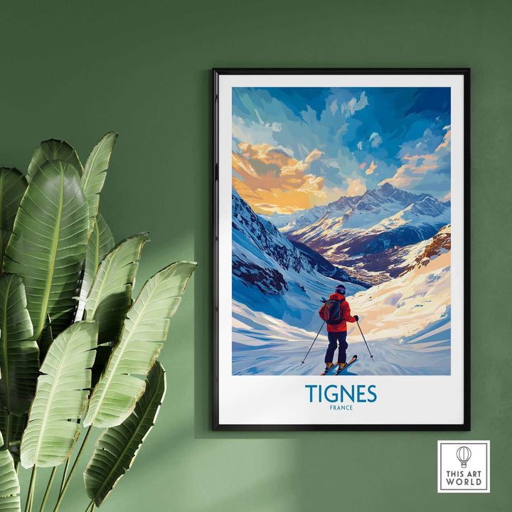 Tignes wall art depicting a skier in vibrant winter landscape, perfect ski poster for home decor.