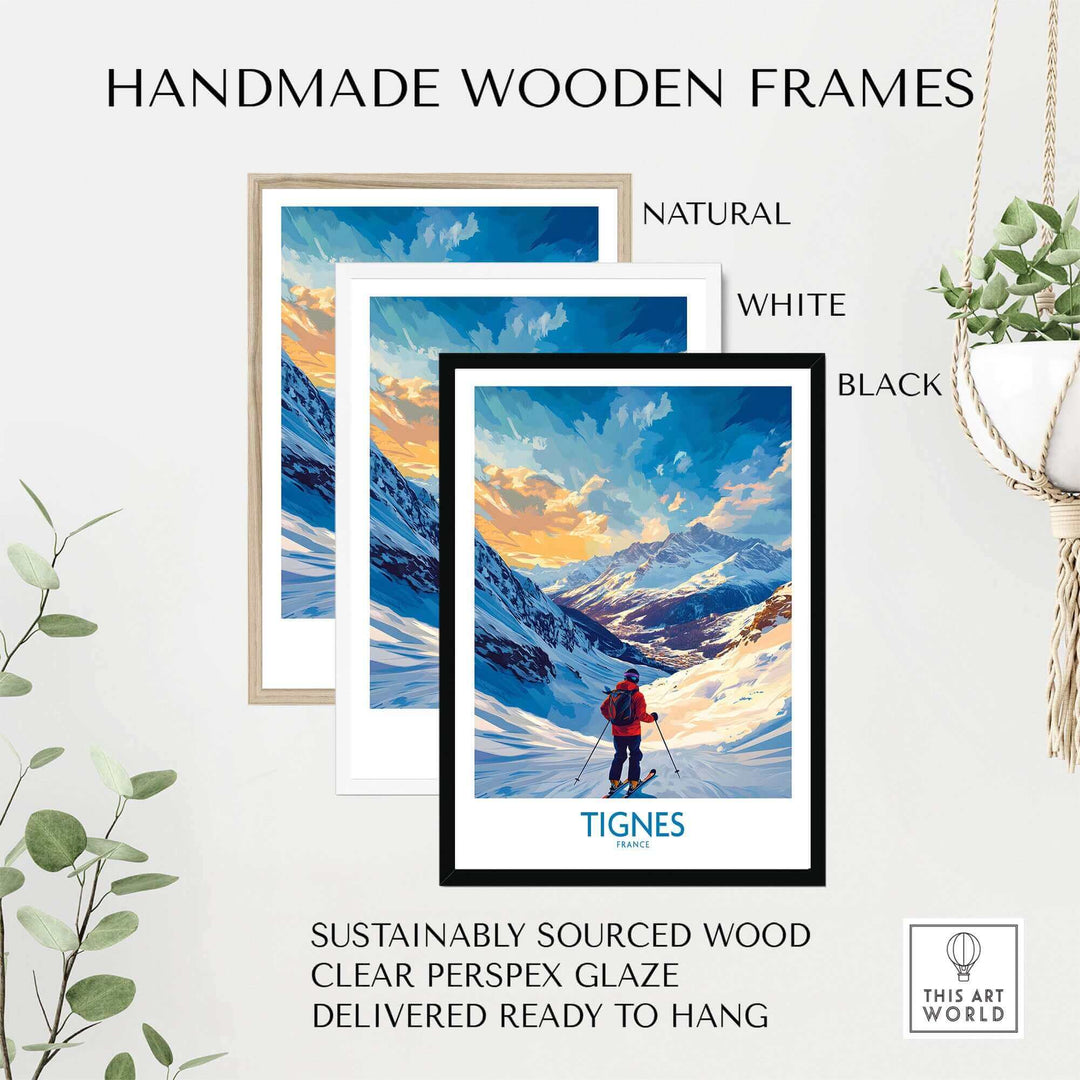 Tignes ski poster wall art in handmade wooden frames, available in natural, white, and black. Sustainable and ready to hang.