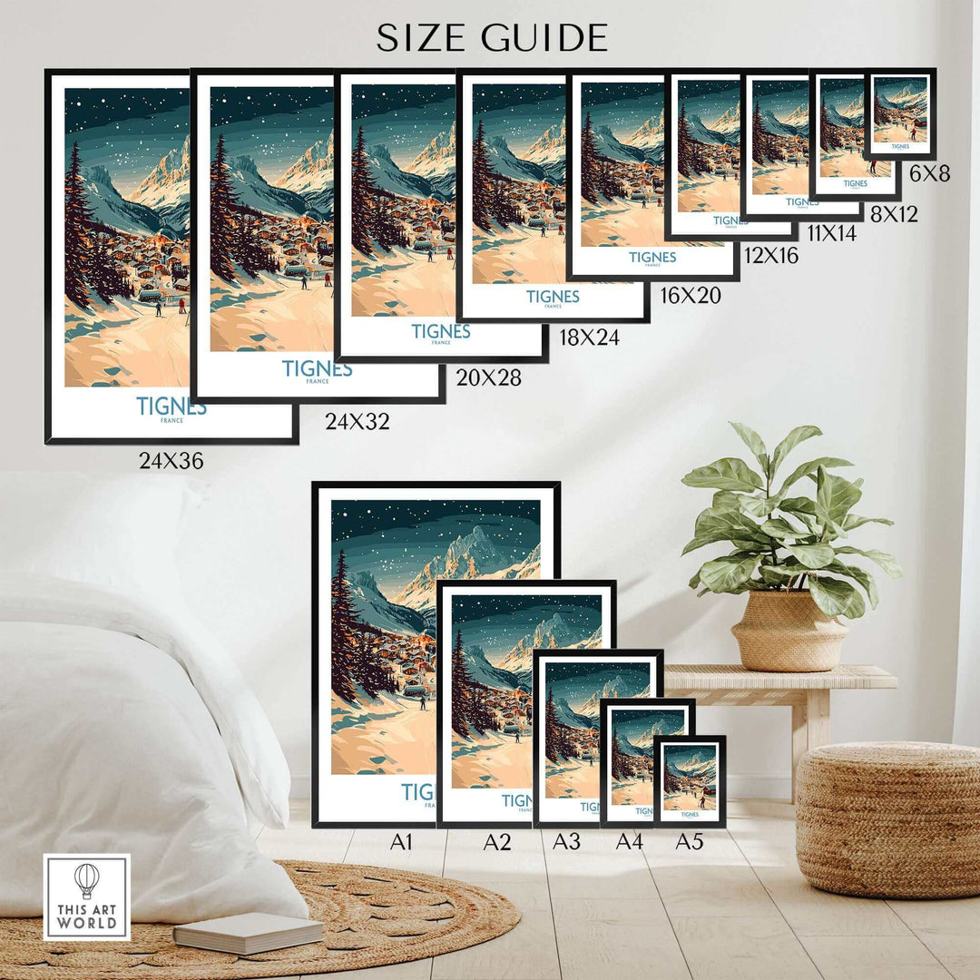 Tignes ski resort wall art poster size guide display in a cozy bedroom setting, showing various print dimensions from small to large.