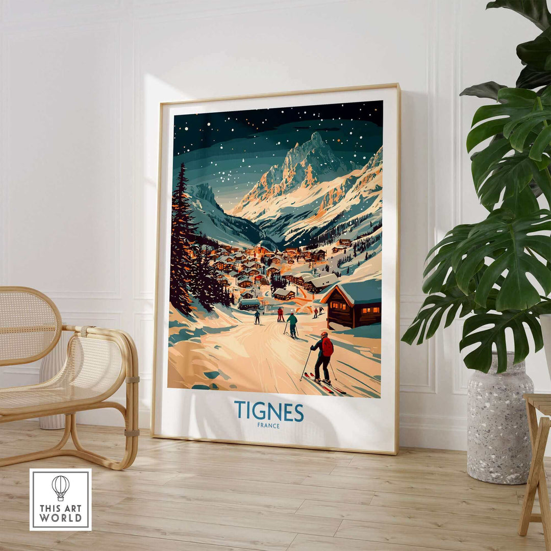 Tignes wall art ski poster featuring a snowy mountain landscape with skiers, displayed in a modern living room setting.