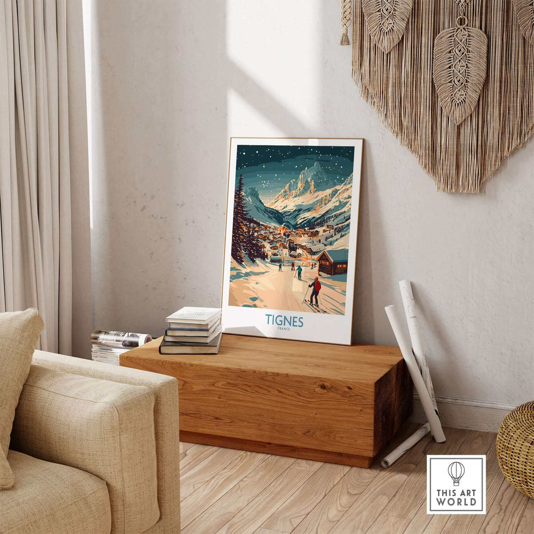 Tignes Ski Poster featuring snowy mountain landscape, displayed in a cozy living room setting, perfect for winter sport enthusiasts.