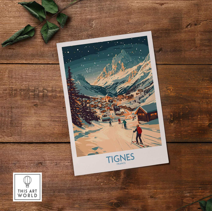 Tignes wall art ski poster featuring a snowy mountain landscape and skiers, perfect for home decor and ski enthusiasts.