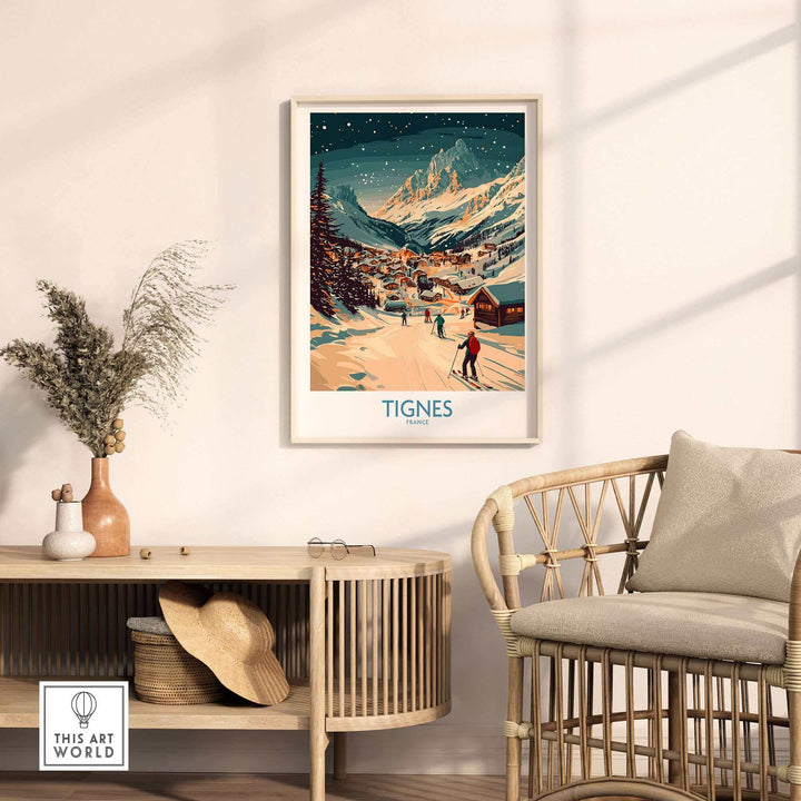 Tignes ski poster wall art displayed in a cozy living room setting with natural decor, highlighting winter sports and mountain scenery.