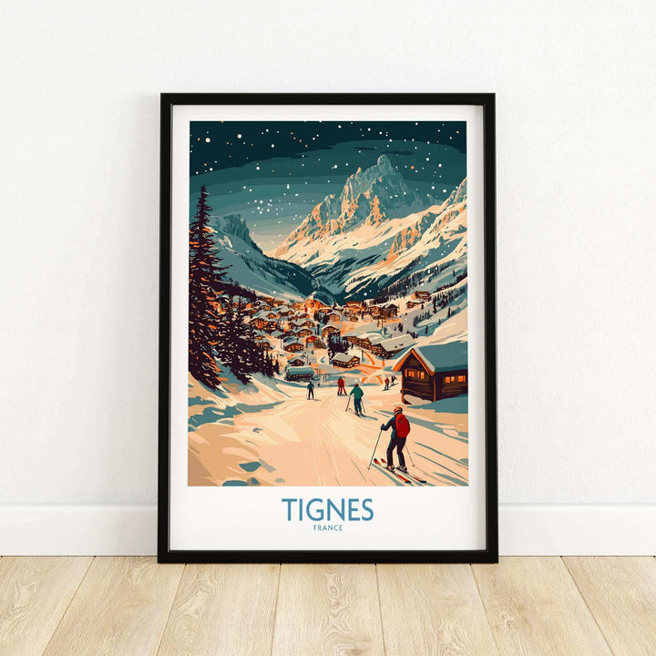 Tignes ski resort wall art poster featuring a snowy mountain village scene, perfect for ski enthusiasts and home decor.