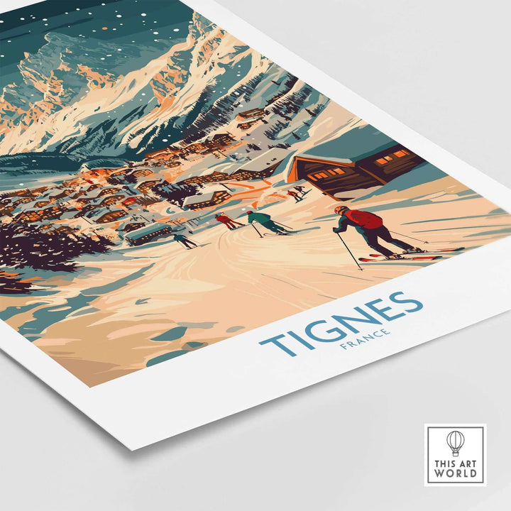 Tignes ski resort wall art poster featuring snowy mountain landscape and skiers; perfect for winter sports enthusiasts and decor.