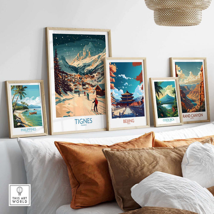 Tignes ski poster wall art displayed with other travel-themed prints in a modern living room setting.