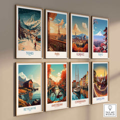 Wall art featuring Tignes, Paris, Florence, Tokyo, Reykjavik, Amsterdam, Copenhagen, and Barcelona ski and travel posters.