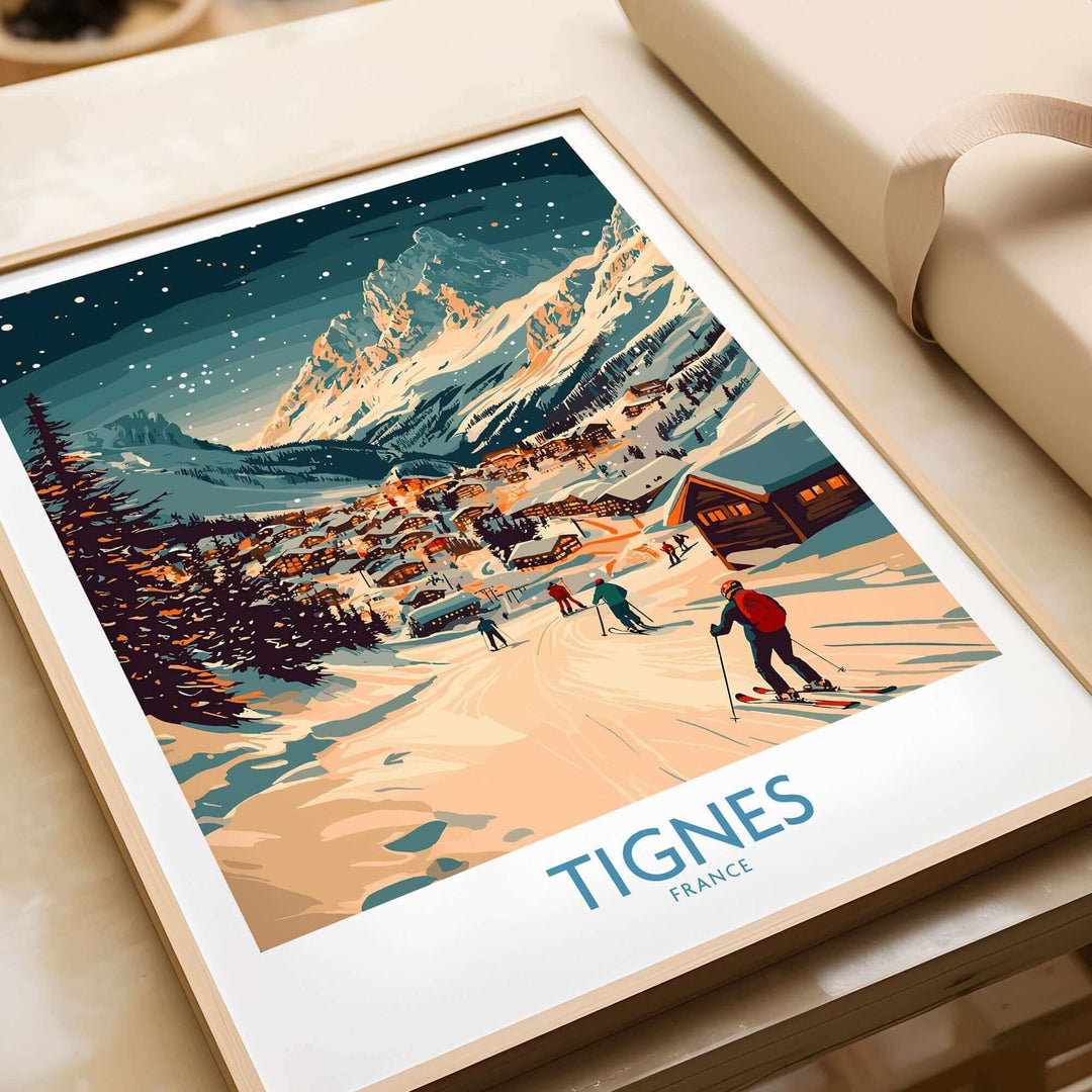 Tignes wall art ski poster featuring winter landscape with skiers and snowy mountain village scene in France.