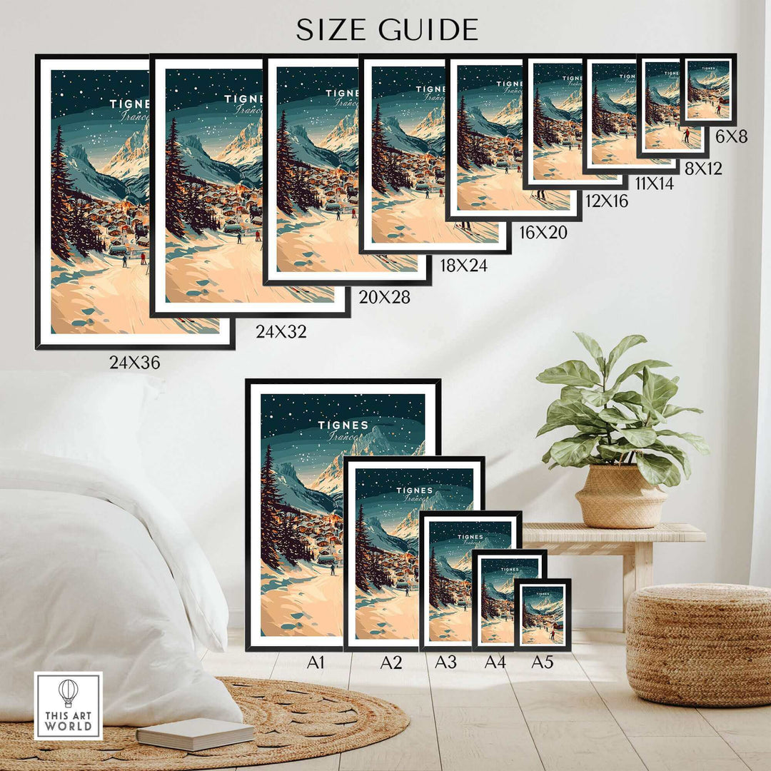 Tignes Wall Art Ski Print Size Guide in Various Frame Options and Layouts