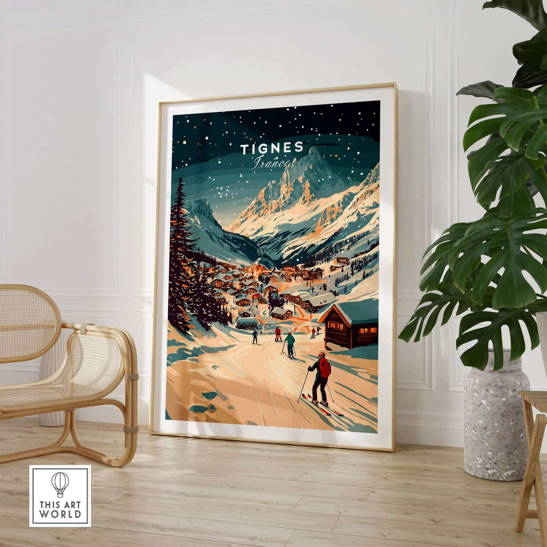 Tignes wall art ski print featuring a snowy mountain village scene, perfect for ski enthusiasts and home decor lovers.