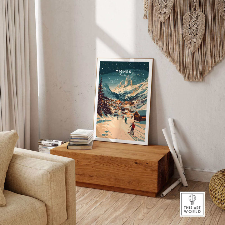 Cozy living room with Tignes wall art ski print displayed on a wooden bench, adding a touch of adventure and winter charm.