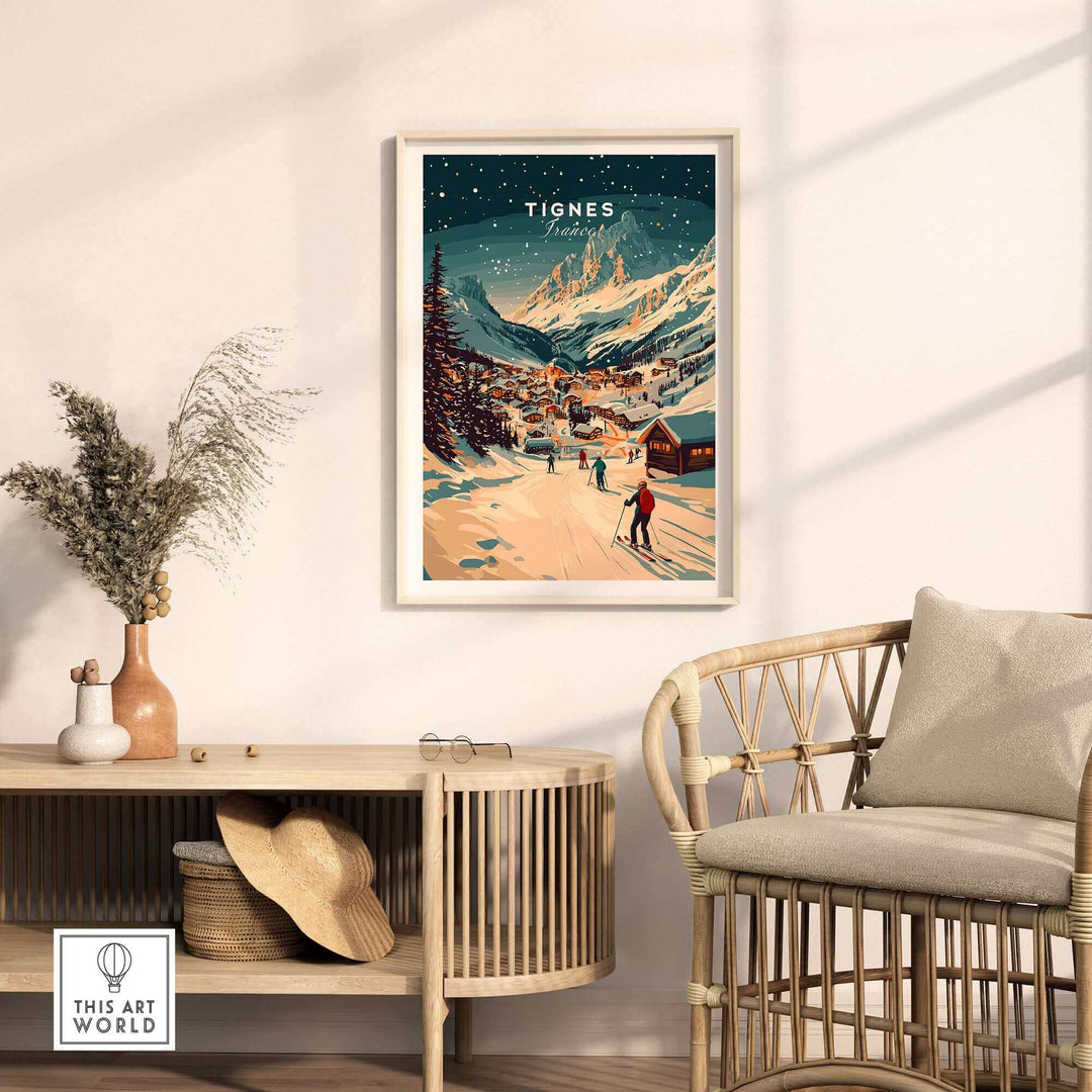 Tignes ski print wall art displayed in a cozy living room with natural decor elements, emphasizing alpine scenery and winter sports.