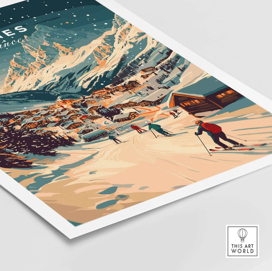 Tignes wall art ski print featuring a snowy mountain village scene with skiers and chalets, perfect for ski enthusiasts.