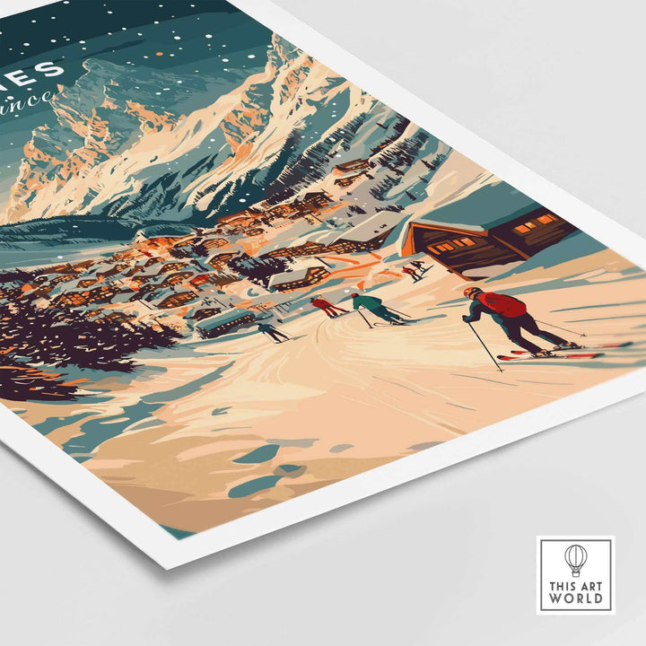 Tignes wall art ski print featuring a snowy mountain village scene with skiers and chalets, perfect for ski enthusiasts.