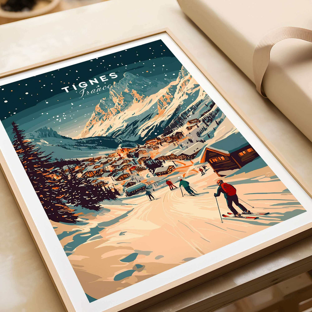 Tignes Wall Art Ski Print featuring a scenic winter landscape with skiers, snowy mountains, and charming village.