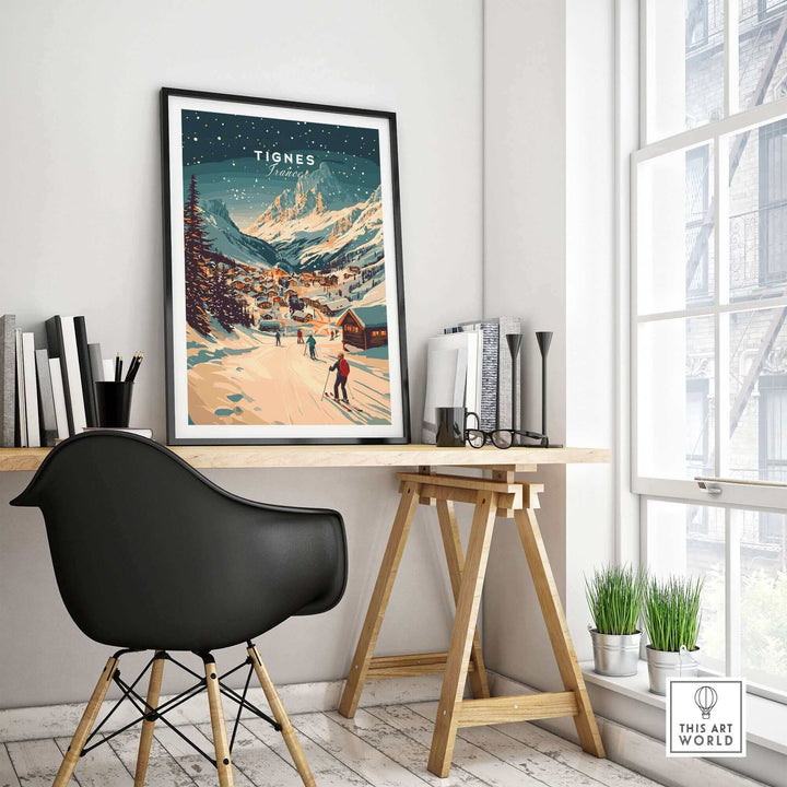 Framed Tignes ski print wall art in stylish workspace with chair, desk, and window view. Perfect decor for ski enthusiasts.