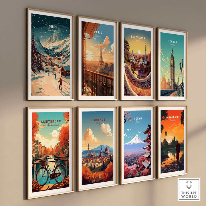 Gallery of framed travel-themed wall art featuring ski print of Tignes and famous global cityscapes like Paris and London.