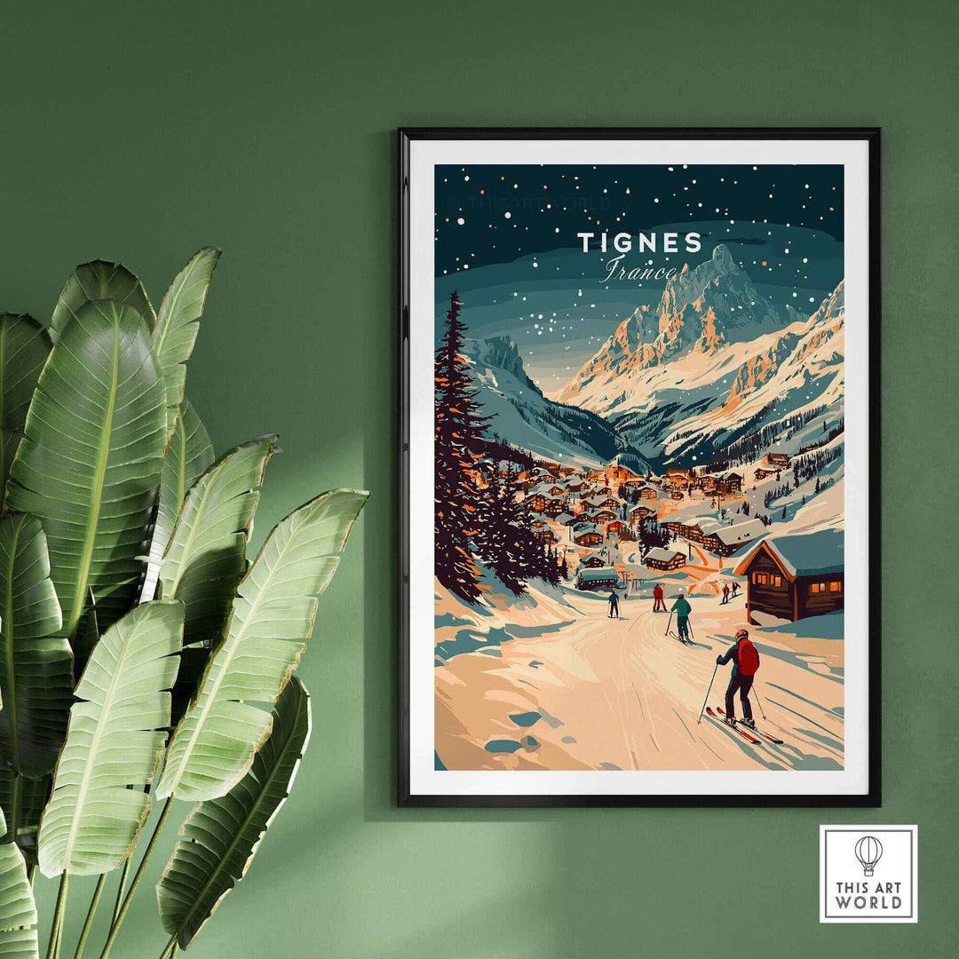 Tignes wall art ski print with snowy mountain landscape and skiers, framed on a green wall, perfect for decorating ski enthusiasts' homes.