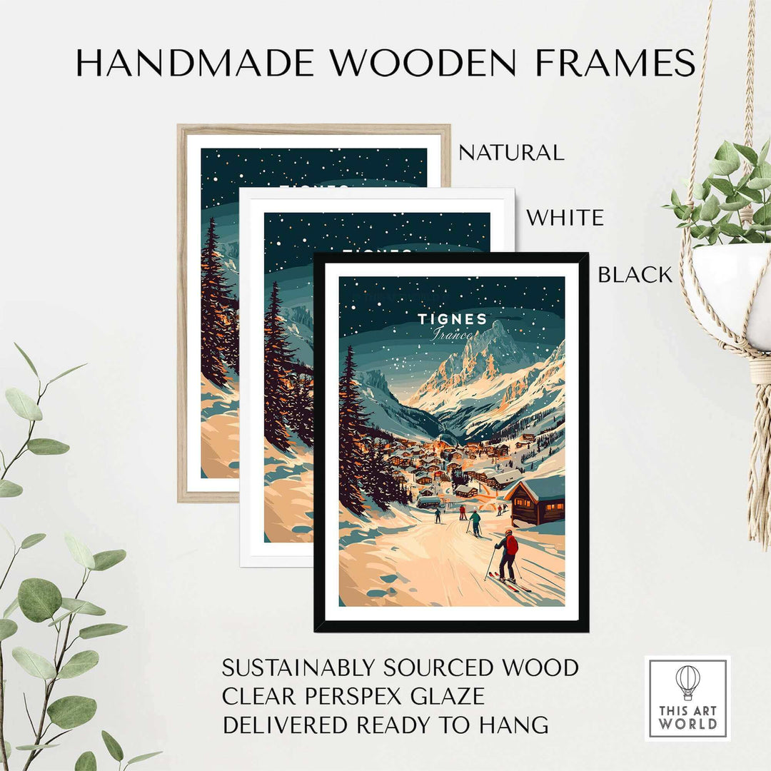 Tignes wall art ski print in handmade wooden frames, available in natural, white, and black, ready to hang with clear perspex glaze.