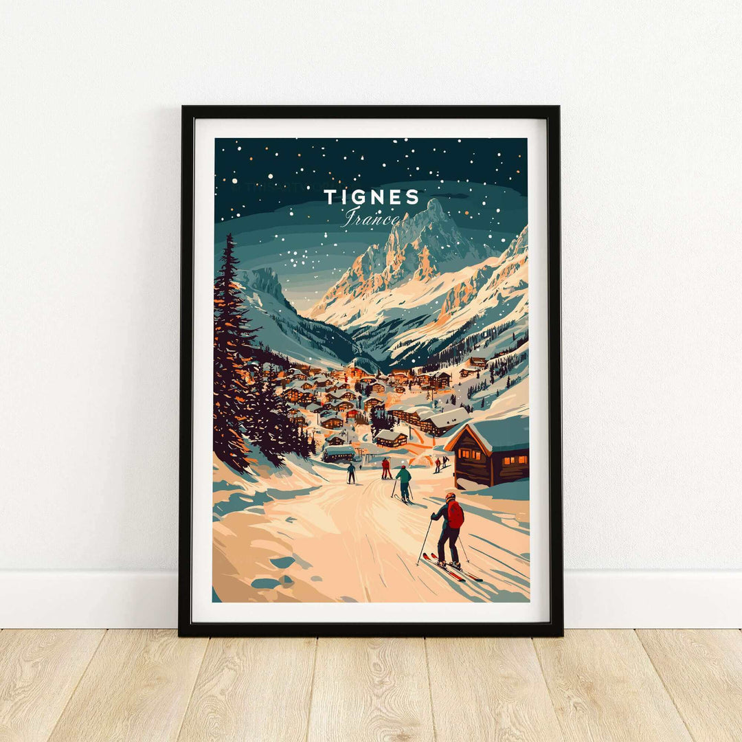 Tignes wall art ski print featuring a snowy mountain village scene with skiers, perfect for winter sports enthusiasts and home decor.