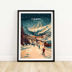 Tignes wall art ski print featuring a snowy mountain village scene with skiers, perfect for winter sports enthusiasts and home decor.