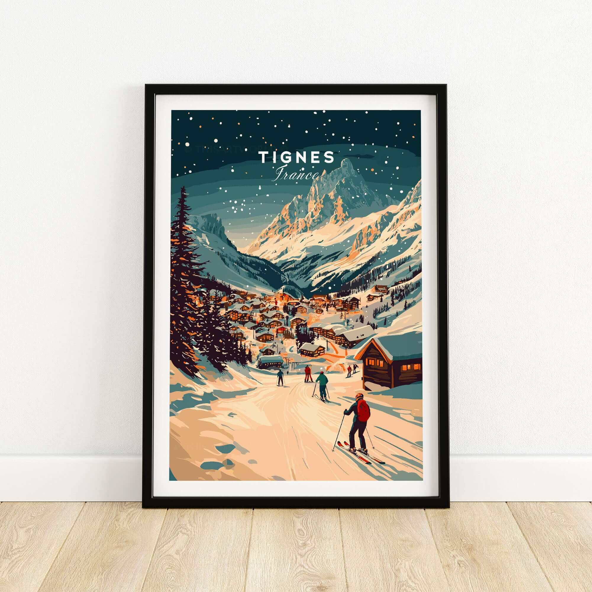 Tignes wall art ski print featuring a snowy mountain village scene with skiers, perfect for winter sports enthusiasts and home decor.