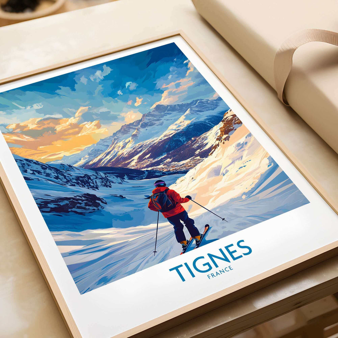 Tignes ski poster featuring colorful wall art of a skier in a snowy mountain landscape, perfect decor for winter sports enthusiasts.