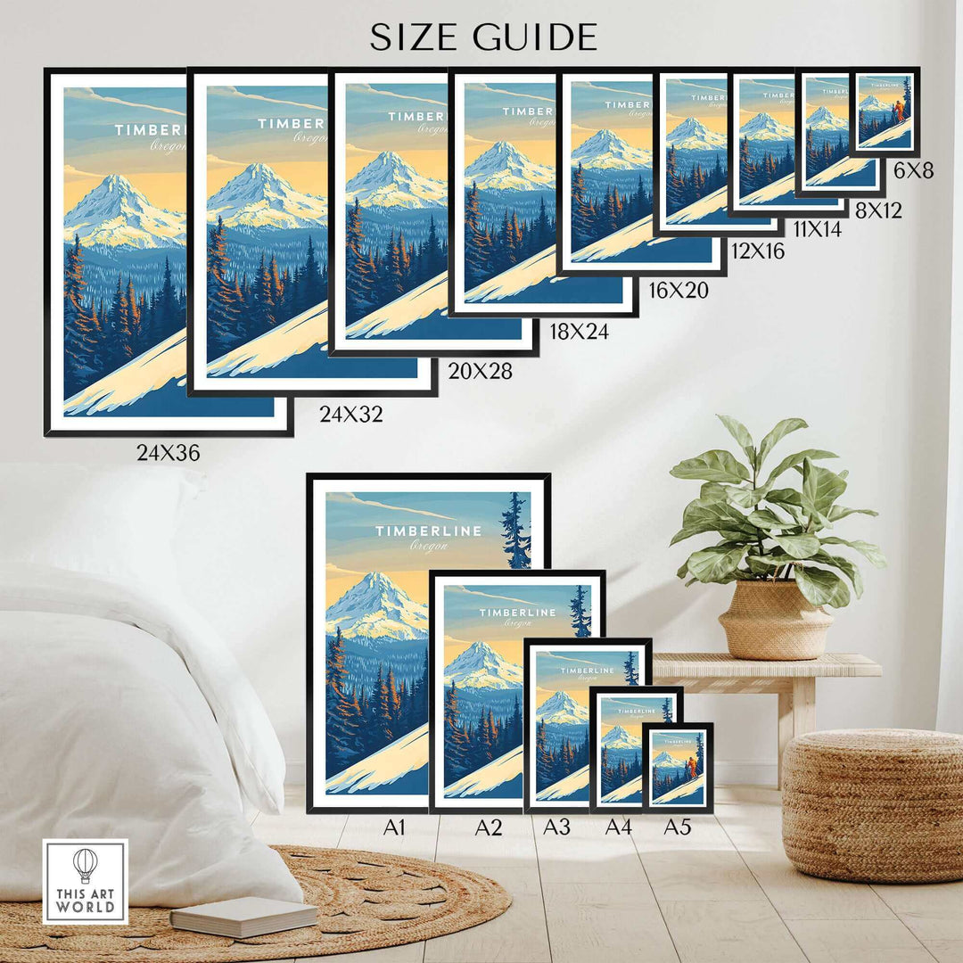 Timberline Oregon Ski Poster size guide with various dimensions displayed in a bedroom setting