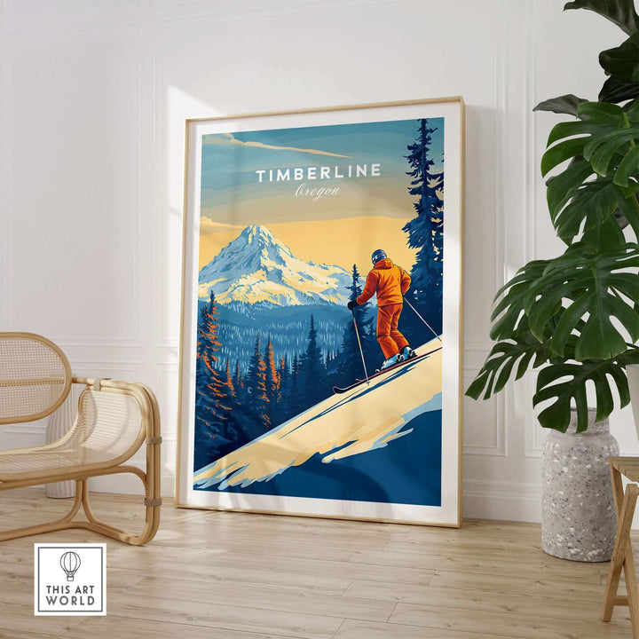 Oregon ski poster with a skier on a snowy slope, featuring Timberline and mountain scenery, displayed in a modern room.