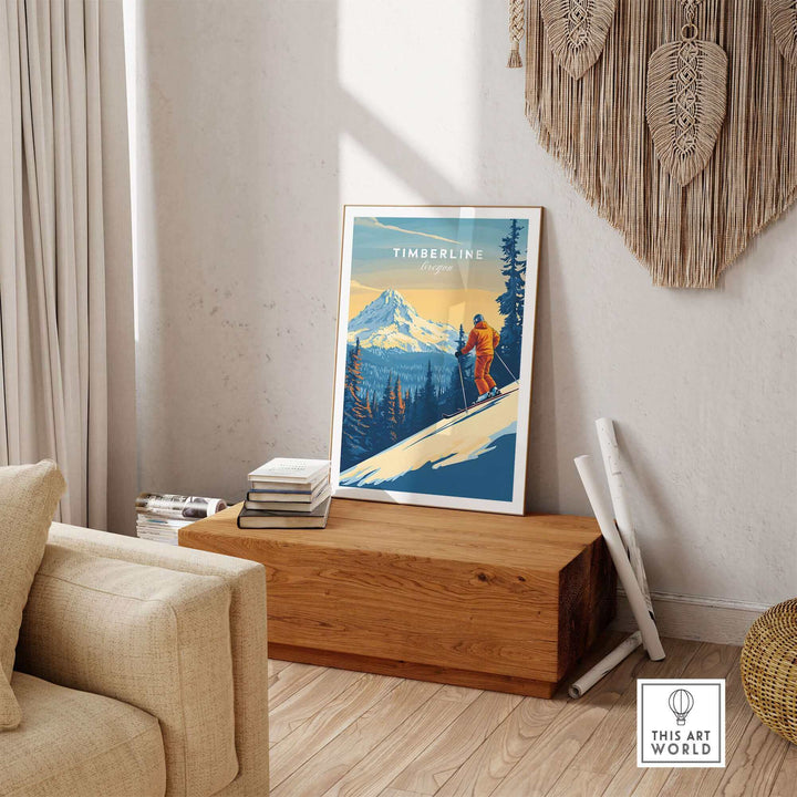 Timberline Print Oregon Ski Poster on wooden table in cozy living room setting