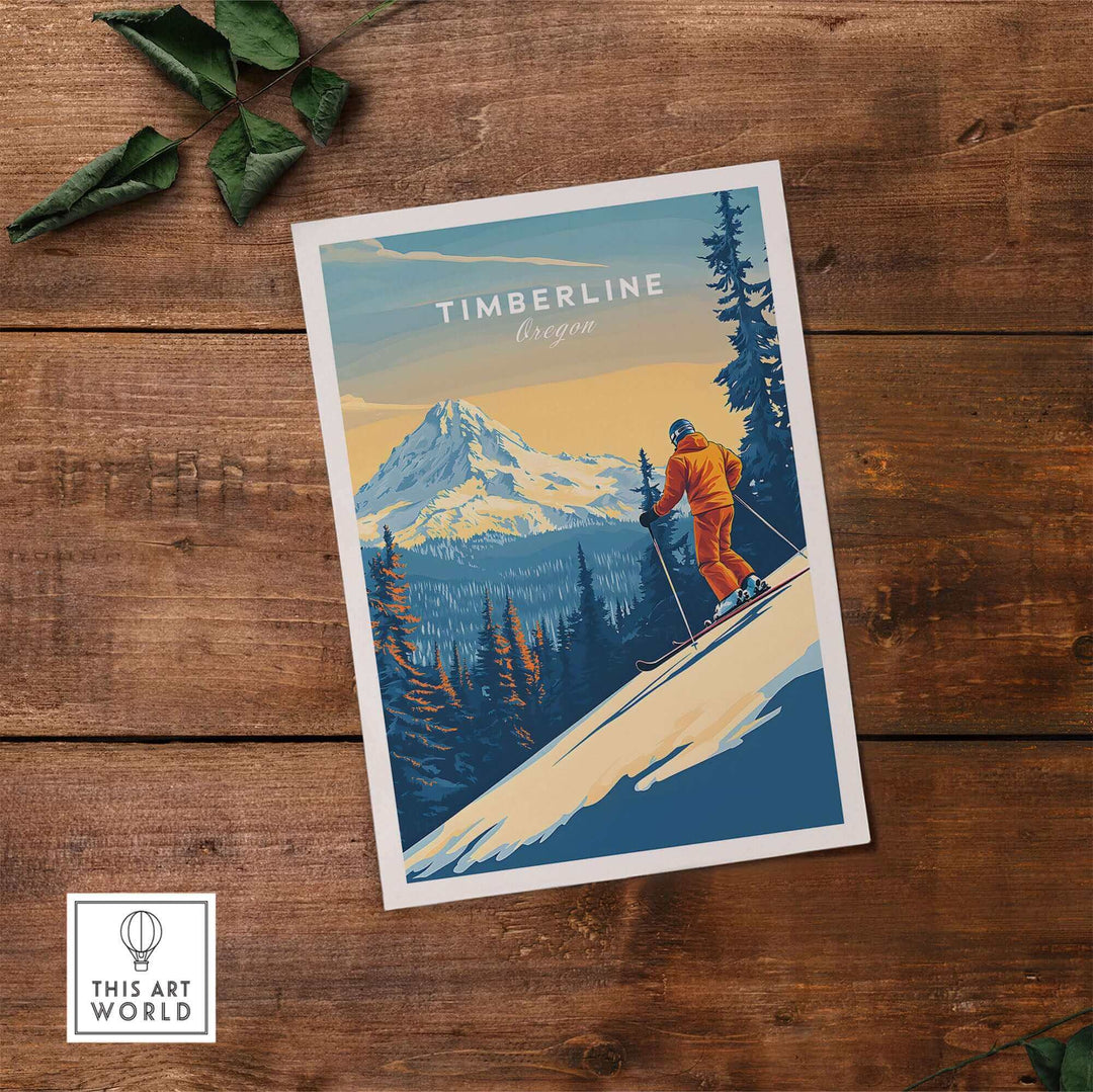 Timberline Print Oregon Ski Poster featuring a skier on a snowy mountain slope with pine trees and a scenic view in the background.