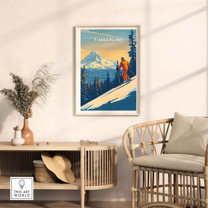 Vintage Timberline Oregon ski poster in room setting, featuring mountains and skier, adding a rustic touch to home decor.