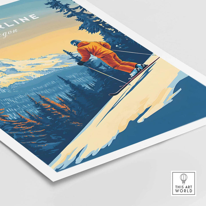 Timberline Print Oregon Ski Poster showing a skier in vibrant colors against a scenic mountain backdrop, perfect for ski lovers.