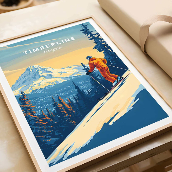 Vintage Timberline Oregon ski poster featuring a skier on a mountainside with a scenic forest background, framed in wood.