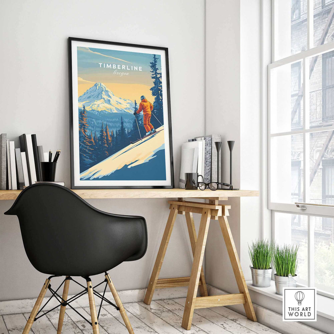 Modern interior with Timberline Print Oregon Ski Poster on desk, featuring skier and mountain landscape, enhancing home decor.