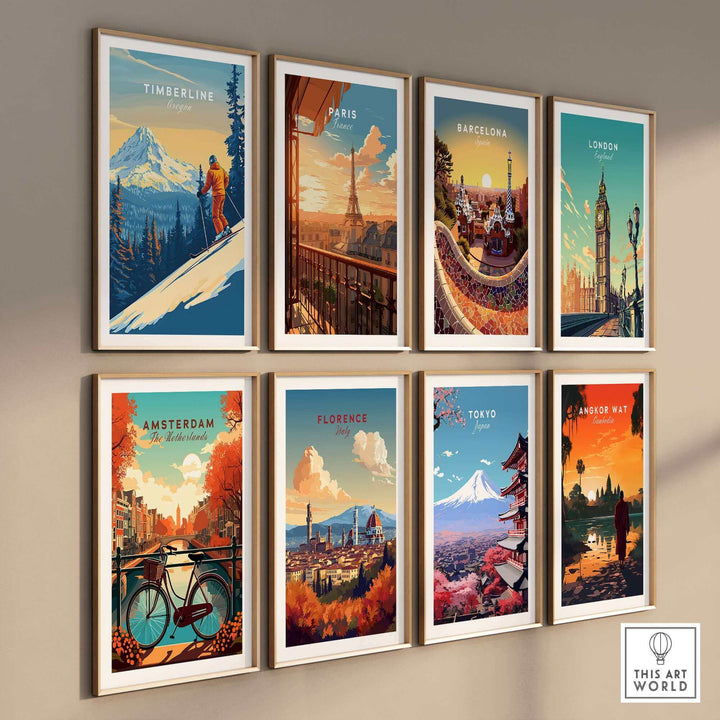 Vintage-style posters of Timberline, Paris, Barcelona, London, Amsterdam, Florence, Tokyo, and Angkor Wat displayed on a wall.