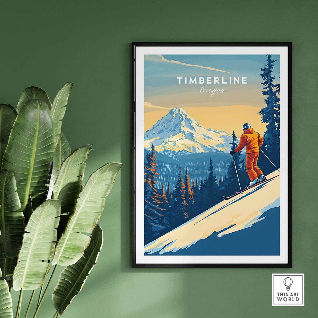 Vintage-style Oregon ski poster featuring Timberline with a skier on a snowy slope, framed on a green wall with tropical plants.