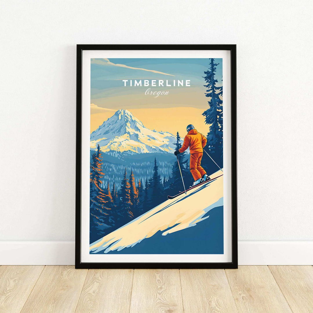 Vintage Timberline Oregon ski poster with skier on slope, snowy mountain, and forest background in vibrant colors.