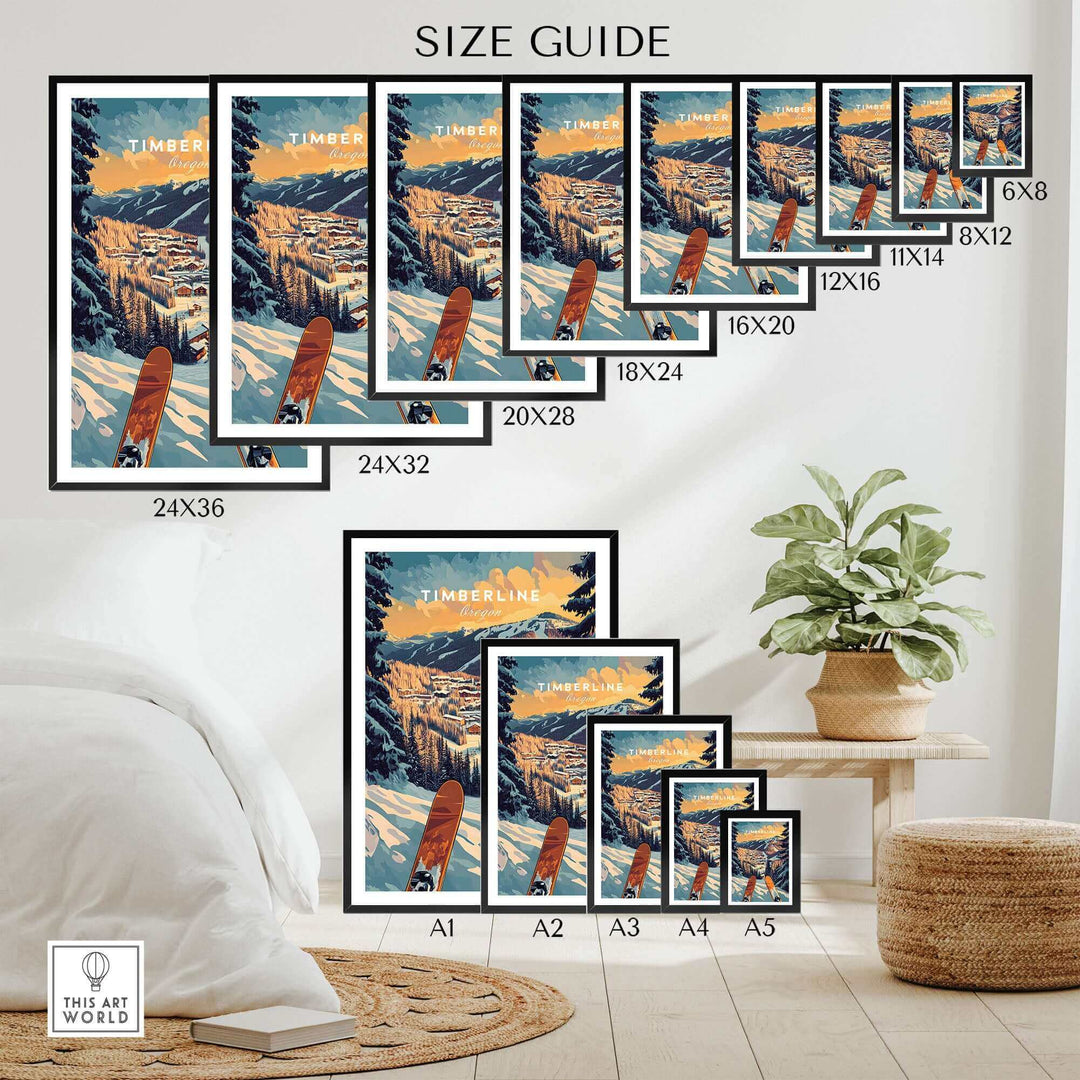 Timberline ski poster size guide with various dimensions showcased in a cozy room setting.