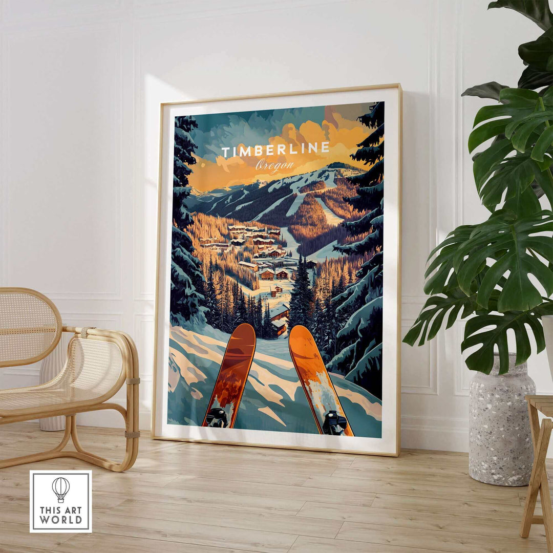 Timberline Oregon ski poster displayed in modern room with green plant and chair, showcasing scenic mountain view and skiers.