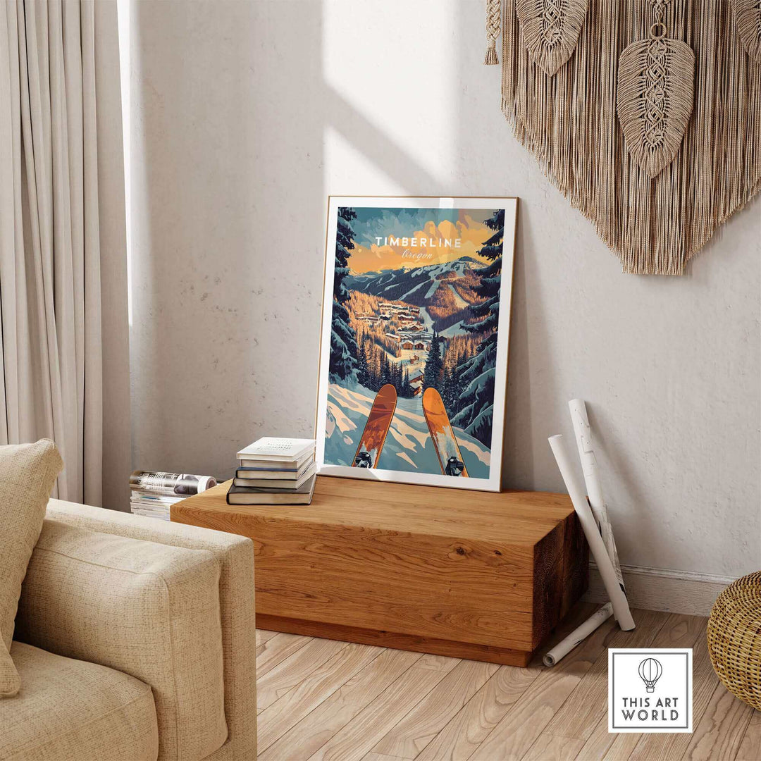 Timberline Ski Poster displayed in cozy living room with natural decor and wooden bench.